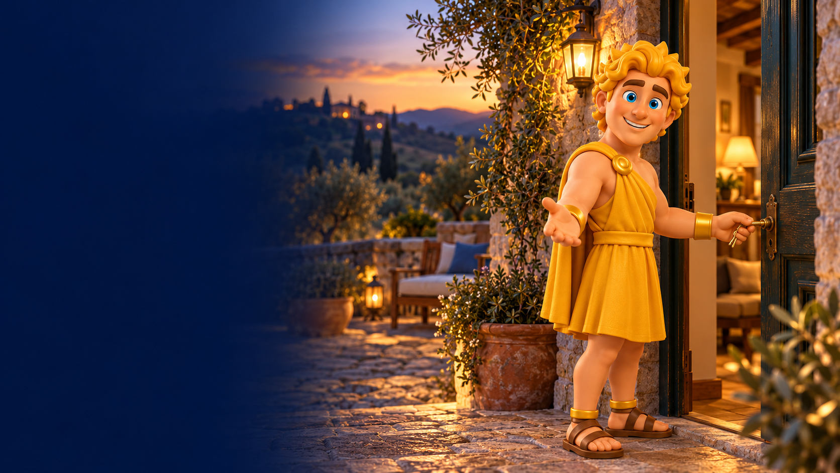 Apollo apre la porta di una seconda casa illuminata al tramonto
